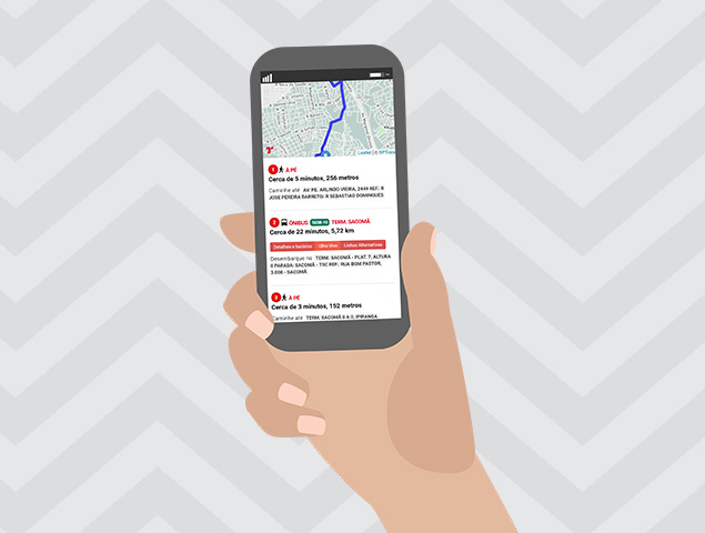 Ilustração de uma mão segurando um smartphone, simulando uma busca de itinerário no novo site da SPTrans.