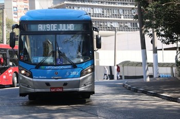#pracegover ônibus azul com letreiro sentido avenida nove de julho