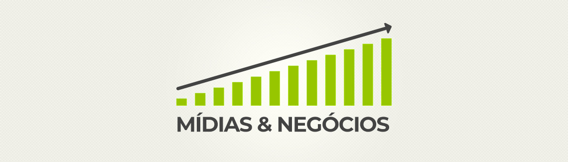 Fundo em tom de bege. Em primeiro plano, ilustração remetendo a um gráfico de barras crescente. Abaixo, título: "Mídias & Negócios"