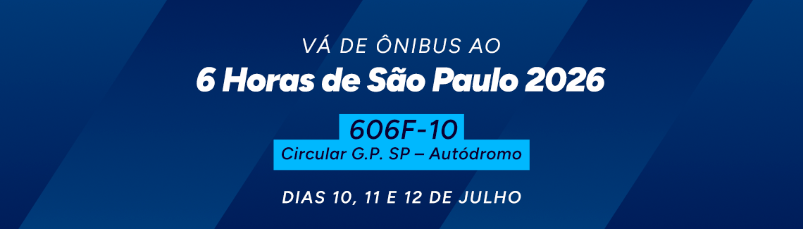 Banner azul escuro com faixas diagonais. Texto: "VÁ DE ÔNIBUS AO 6 Horas de São Paulo 2026. 606F-10 Circular G.P. SP – Autódromo. DIAS 10, 11 E 12 DE JULHO".