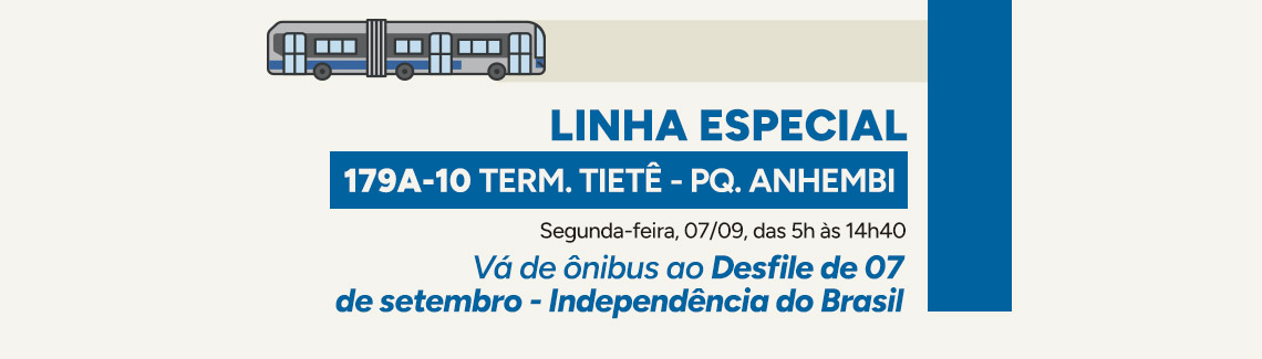 Banner bege com faixa azul e a ilustração de um ônibus articulado cinza. Texto: "LINHA ESPECIAL. 179A-10 TERM. TIETÊ - PQ. ANHEMBI. Segunda-feira, 07/09, das 5h às 14h40. Vá de ônibus ao Desfile de 07 de setembro - Independência do Brasil".