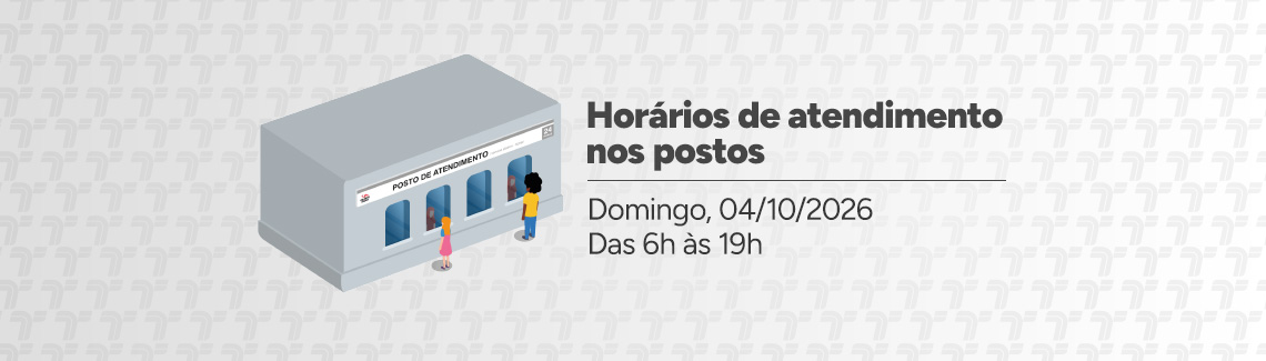 fundo em tons de branco e cinza e com uma textura composta por logos da SPTrans. Em primeiro plano, à esquerda, uma ilustração de um Posto de Atendimento. À direita, texto, em cinza escuro: Horários de atendimento nos postos. Domingo, 4 de outubro de 2026. Das 6h às 19h