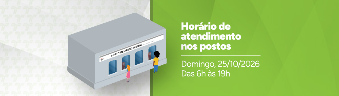 Ilustração de um posto de atendimento da SPTrans. à direita, sobre fundo verde, texto em branco: Horário de atendimento nos postos. Domingo, 25/10/2026. Das 6h às 19h