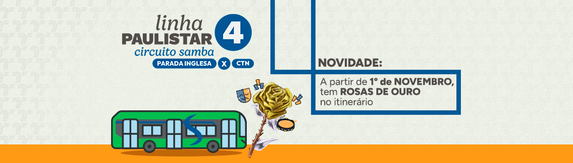 Banner horizontal com fundo cinza e base laranja. À esquerda, lê-se "linha PAULISTAR circuito samba", o número "4" em um círculo azul e o trajeto "PARADA INGLESA X CTN", sobre a ilustração de um ônibus verde com uma rosa dourada ao lado. À direita, em destaque azul, o aviso: "NOVIDADE: A partir de 1º de NOVEMBRO, tem ROSAS DE OURO no itinerário".
