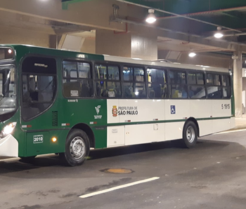 #pracegover ônibus verde da via sudeste dentro de terminal
