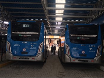 #PraCegoVer: ônibus azuis da área 6 no terminal